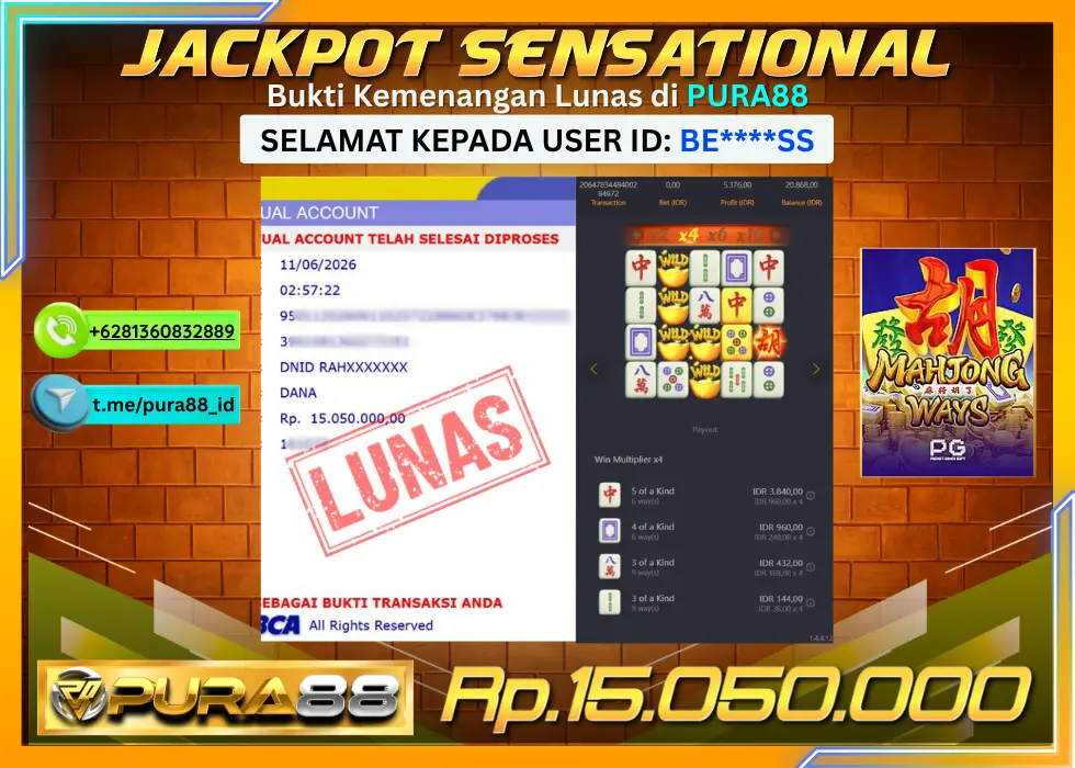 PURA88 JACKPOT MAHJONG WAYS Rp 15.050.000,- LUNAS